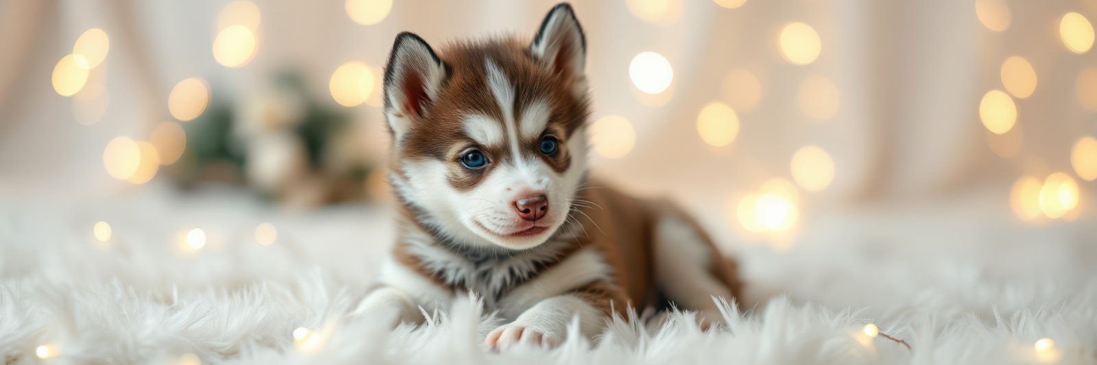 Cute brown and white puppy relaxing on soft surface with blurred lights in background